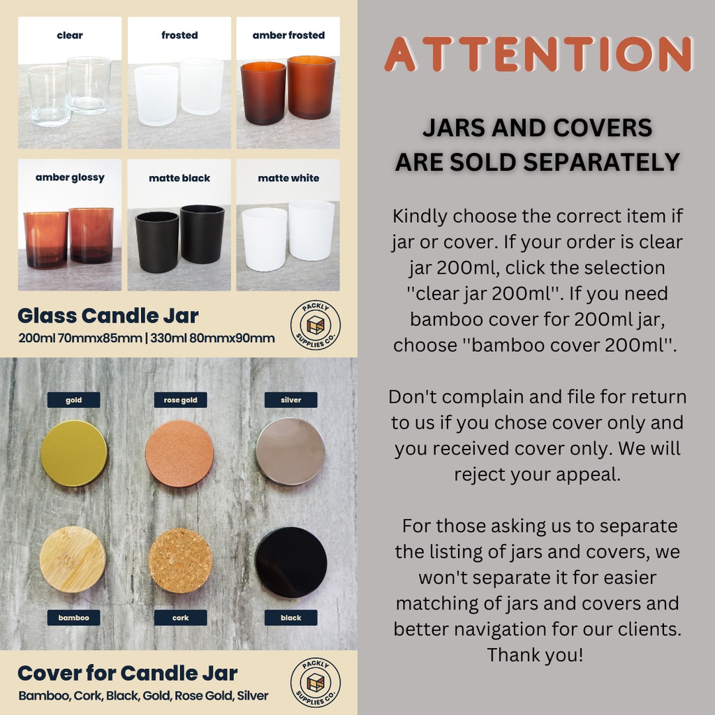 Glass Candle Jar Vessel 330ml and Cover (JAR AND COVER SOLD SEPARATELY. sold per pc) Shopee