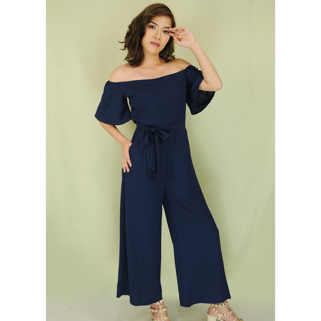 navy blue off shoulder jumpsuit