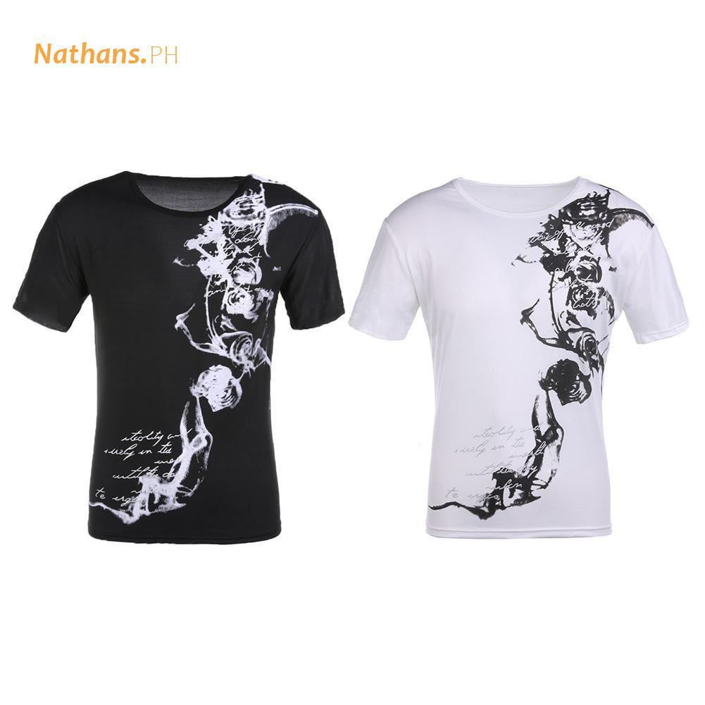 Men T-shirt Slim Fit Chinese Style Printed Short Sleeve O-Neck Cotton Summer Top