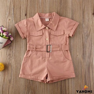 Yaho1-6Y Infant Kid Baby Girl Romper Clothes Short Sleeve Solid Single Breasted Playsuit Jumpsuit Outfit With Belt #2