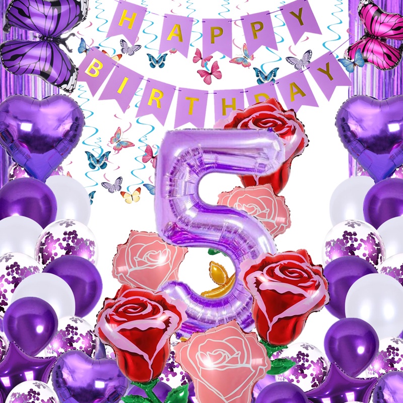 Purple Butterfly Theme Birthday party Curtain Background Cake Topper Banner Tassel Sequin Balloon Wedding Birthdays Happy Party Decors Supplie