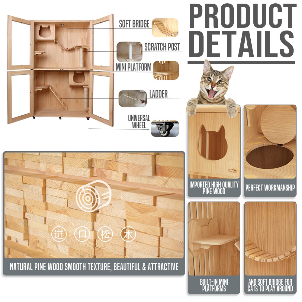Pet Nordic Style Solid Wood Cat Wooden House Cat Cage Cat Villa Super