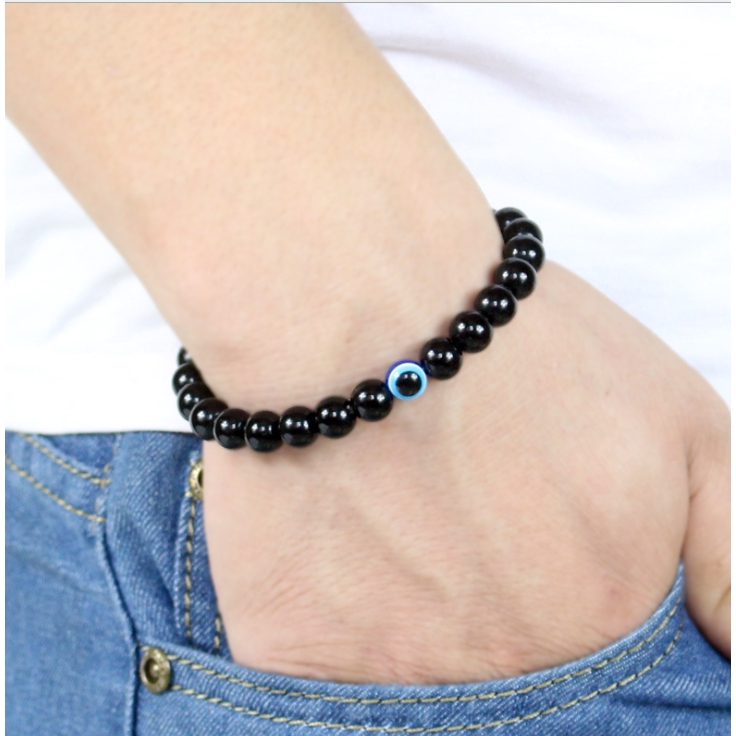 【TGS】NaturalStone Black Stretch Turkish Evil Eyes Beaded Bracelets 6mm