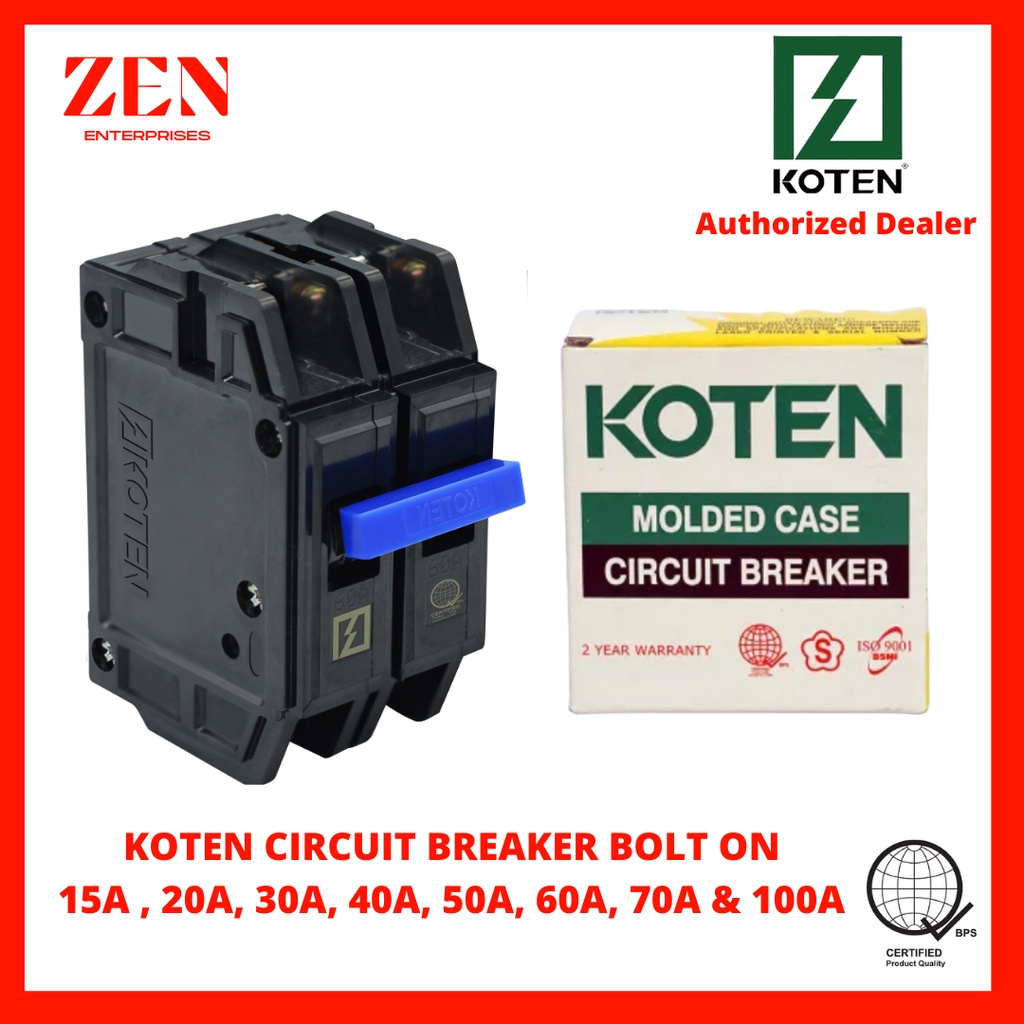 Koten Circuit Breaker Bolt-on 15, 20, 30, 40, 50, 60, 70, 100 Amp ...