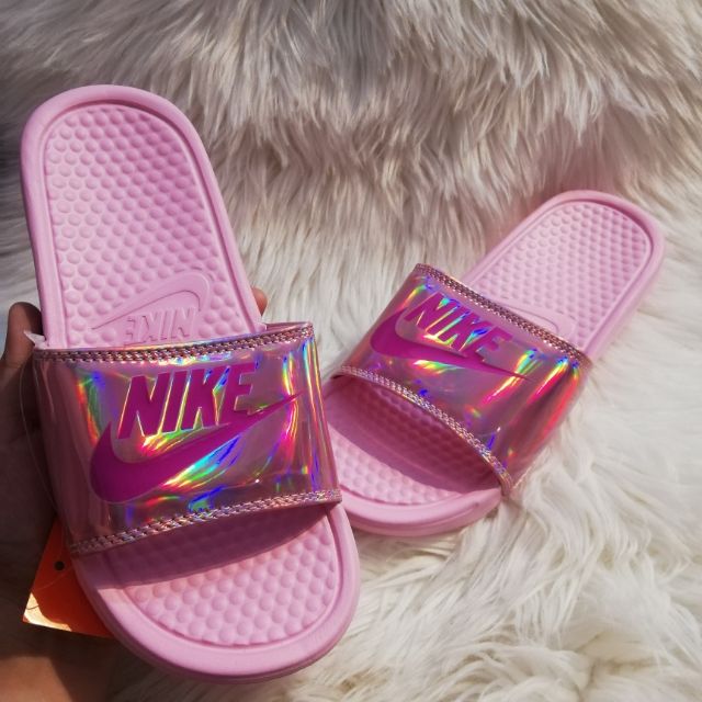 NIKE BENASSI SLIDES PINK HOLOGRAM | Shopee Philippines