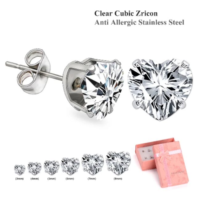 Surgical Grade Stainless Steel Cubic Zircon Stud Earrings Hypoallergenic