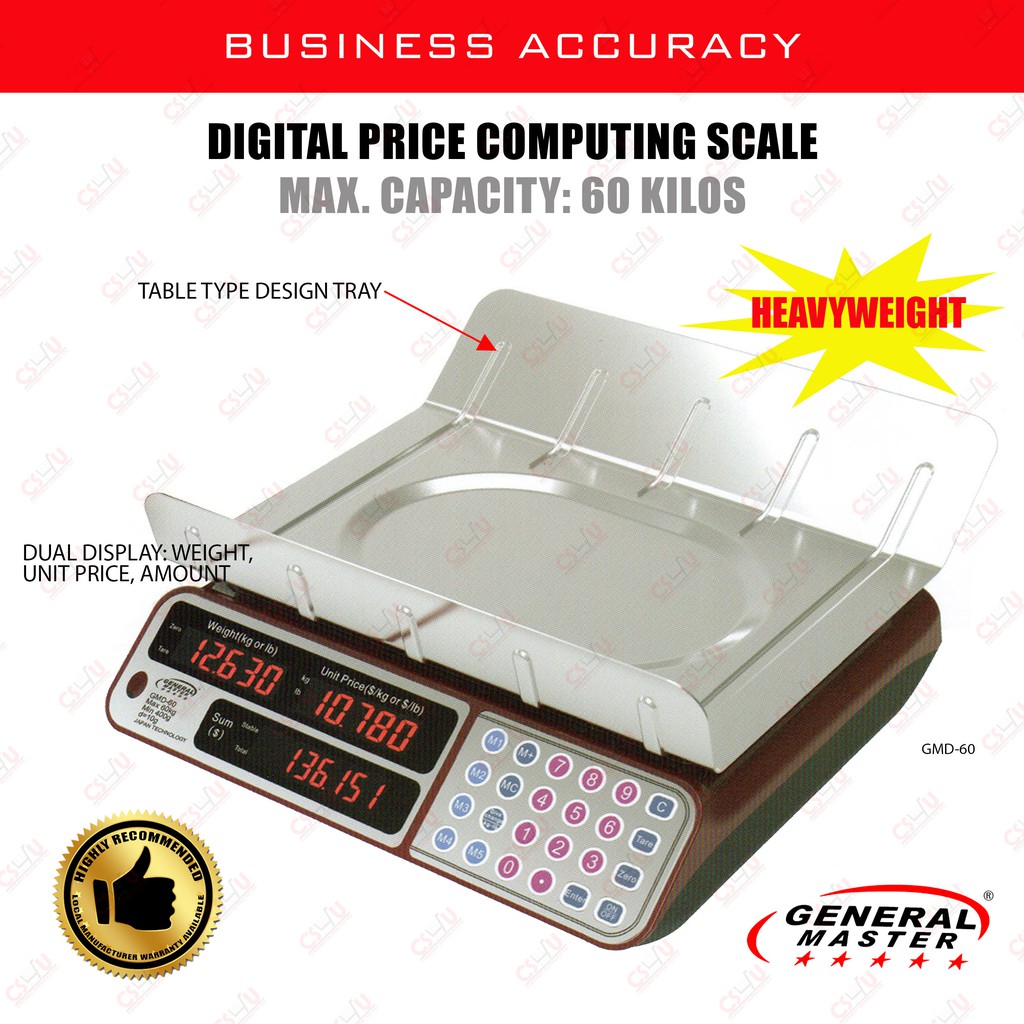 Digital Weighing Scale with Price Computing 60kg. Brand General Master