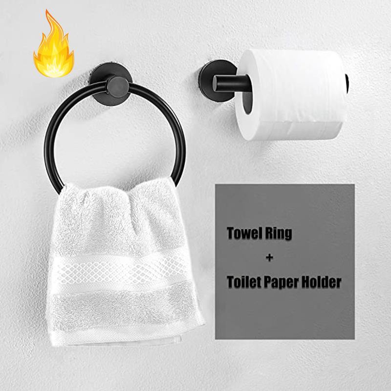 2Pcs Bathroom Hardware Black Towel Ring and Toilet Paper Holder Stainless Steel Bathroom Hand Towel Holder Towel