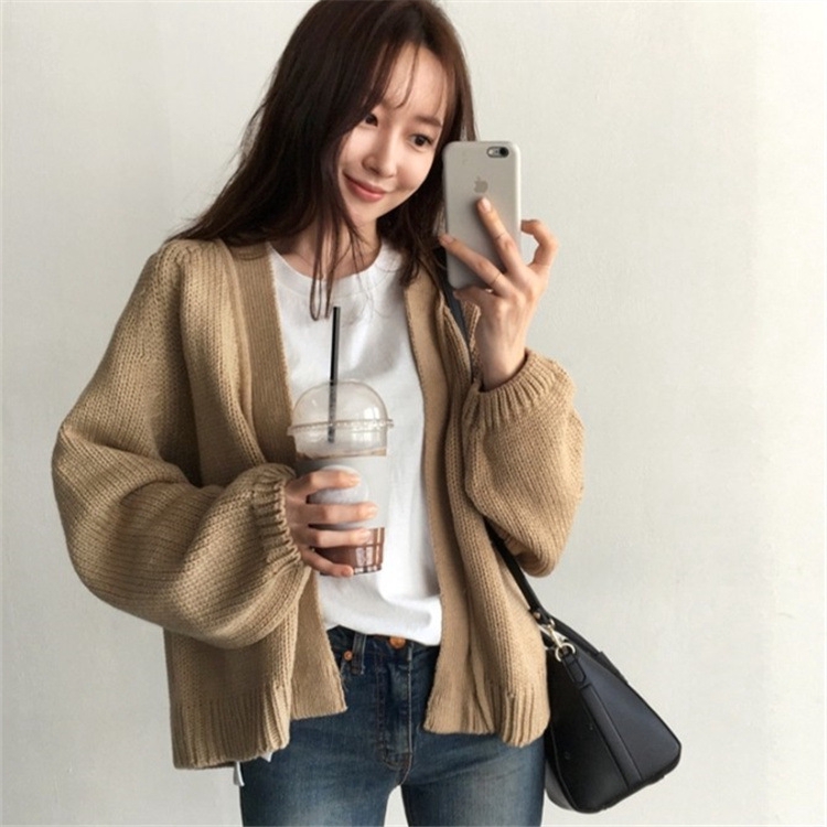Korean style loose solid color knitted cardigan women | Shopee Philippines