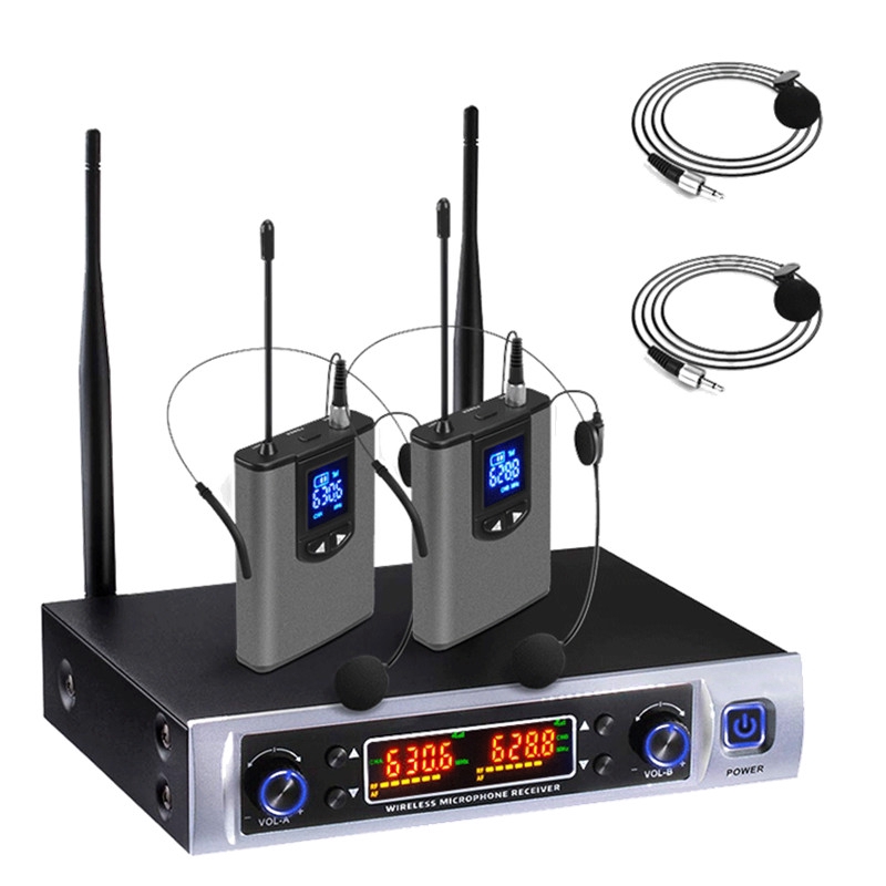 UHF Dual Wireless Microphone System with Lapel Lavalier and Headset