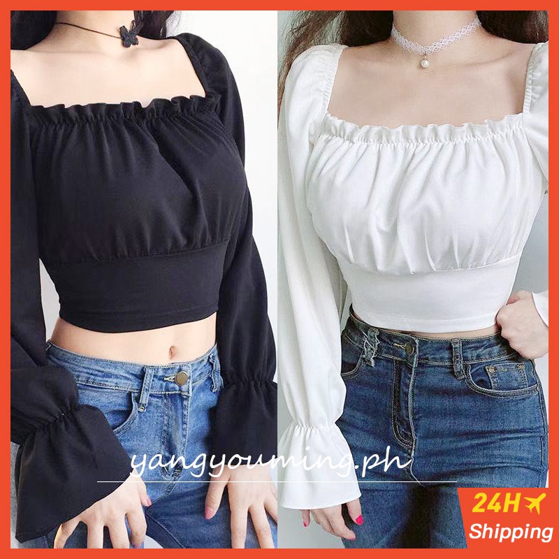 【AVA & Ready stock】Korean Women's Puff Sleeve crop Top Sexy Square Neck
