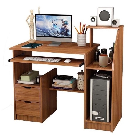 Computer Desktop Table With Shelf and Drawer Wooden Minimalist Design