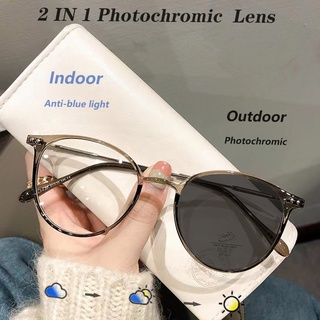 Photochromic Anti Radiation Eyeglasses for Women Transition Metal Frame Shades UV400 Anti Blue Light eyewaer Replaceable lens