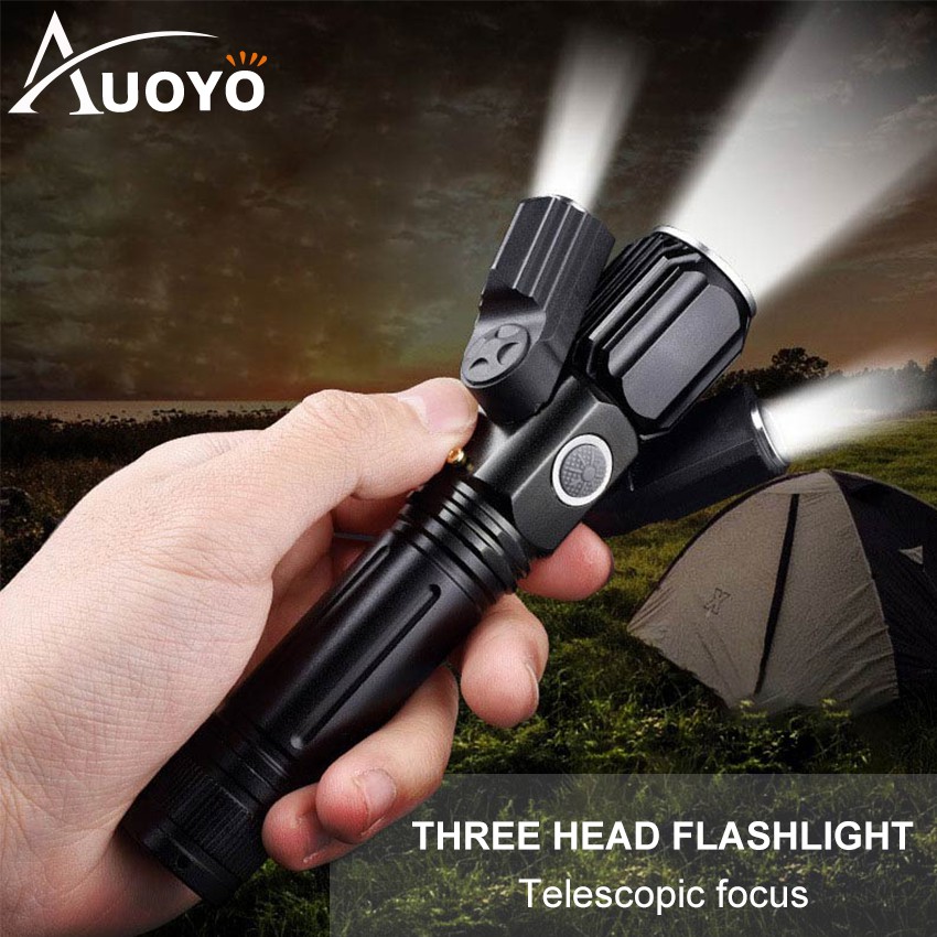 Auoyo 3 Head Flashlight Zoomable Flashlight Rechargeable Super Bright