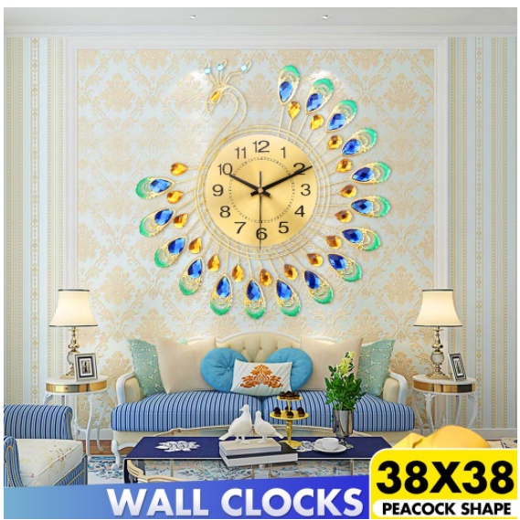 (Local Spot) 3D Wall Clock 38X38cm European Style Peacock Clock Metal