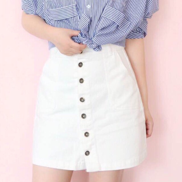 white button up denim skirt