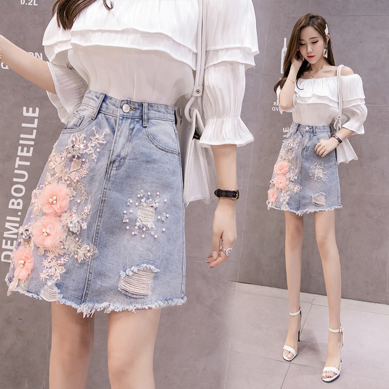 printed denim skirt