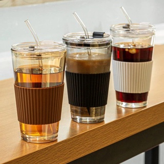 450ML Glass Straw Cup Cute Minimalist Coffee Glass Tumbler Water Bottle Mug Cup with Lid Cover