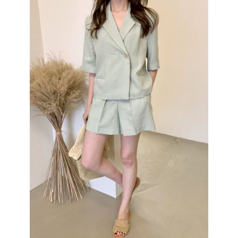 Eco linen jacket shorts set up(beige, mint) Shopee Philippines