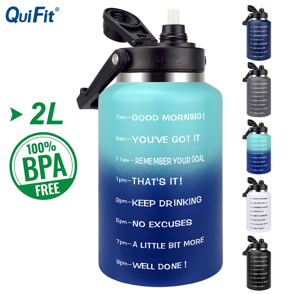 QuiFit 2L Stainless Steel Water Bottle Half Gallon Motivational Time