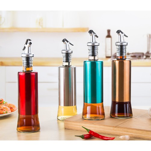 300ml Bottle Clear Glass Sauce Oil Dispenser Stainless Steel Jar
