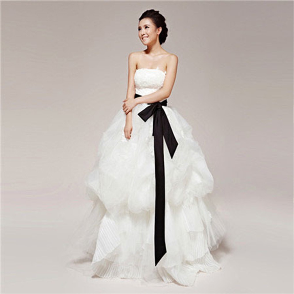 wedding dress with black ribbon