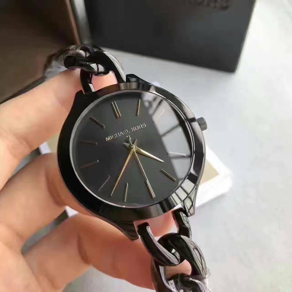 michael kors slim runway black stainless steel watch