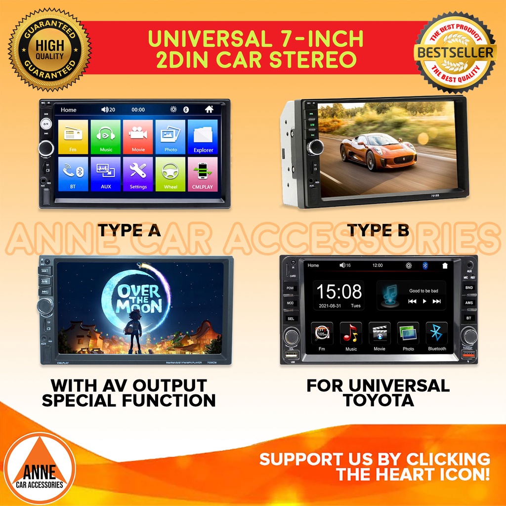 Universal 7 Inch 2 Din Type A, B, C, Toyota Mirror Link Car Stereo Dual