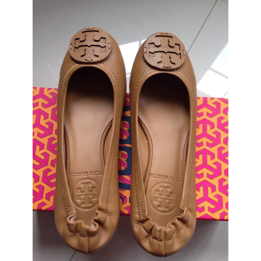 Tory Burch Reva Tumbled Leather Ballerina Flat, APRICOT | Shopee