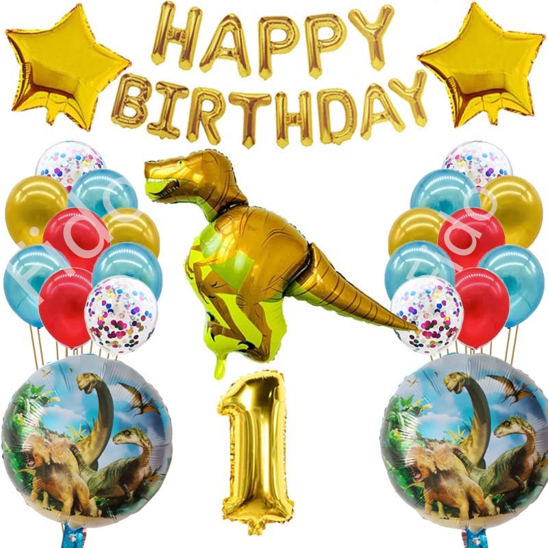 26pcs Dinosaur Raptor Latex Balloon Happy Birthday Banner Safari Theme ...