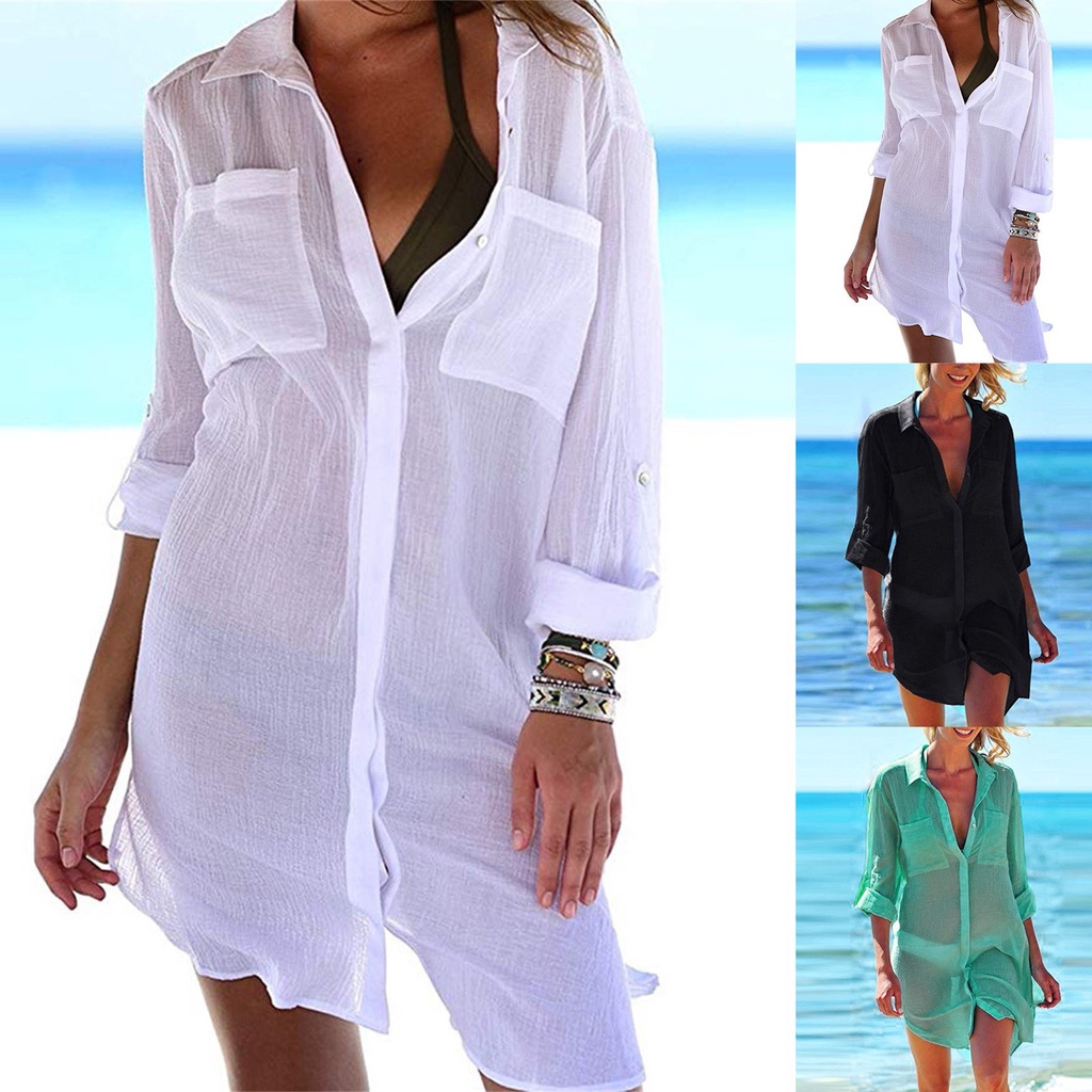 [Ladymiss] Women Chiffon Cardigan Long Sleeve Loose Beach Wear Cover Up