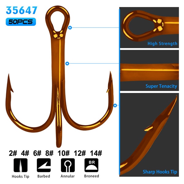 20/50X White Fishing Carbon Steel Treble Hooks Fishhook Tackle 2/4/6/8/10/12/14# 