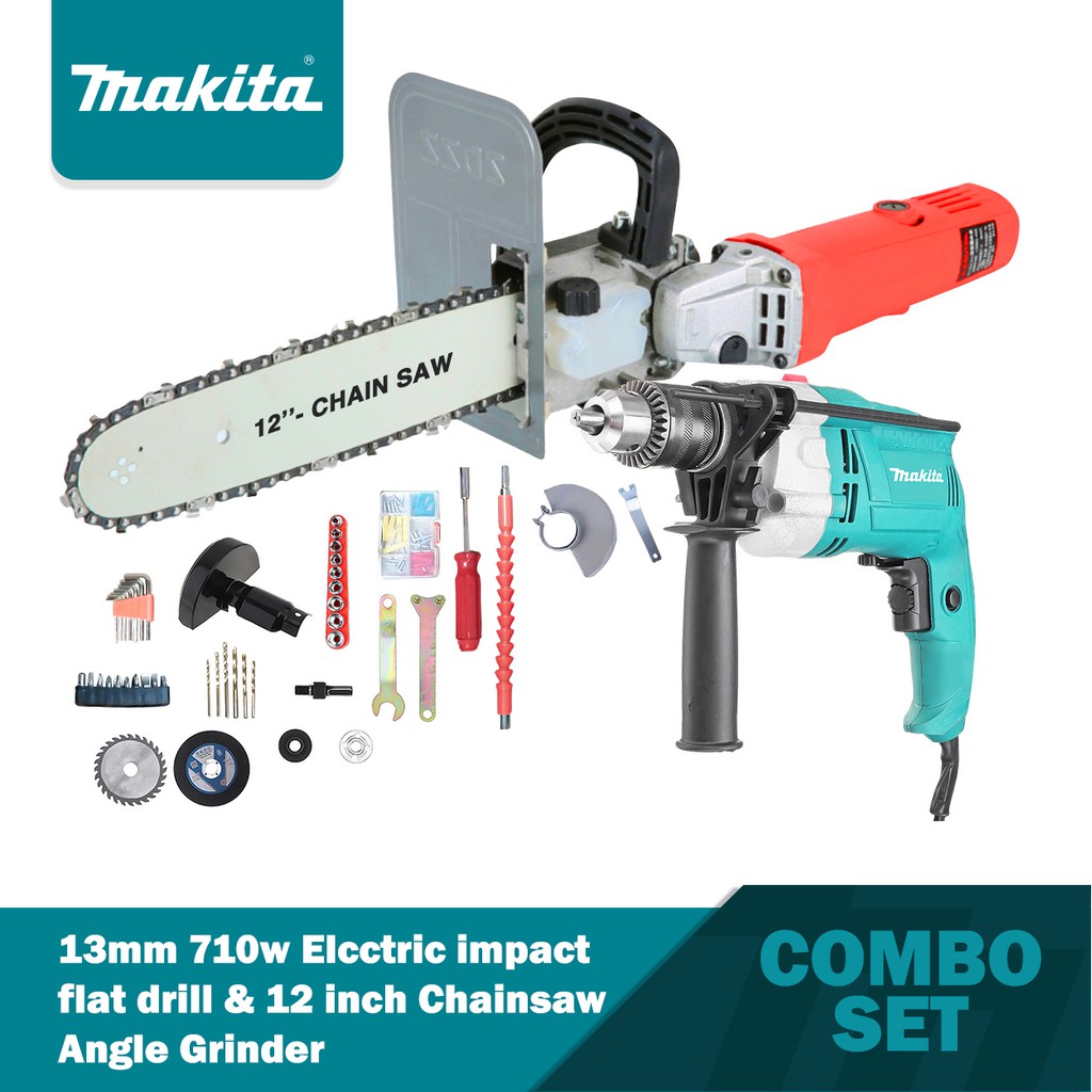 Makita 13MM 710W Electric Impact Drill & 12 Inch Chainsaw Angle Grinder