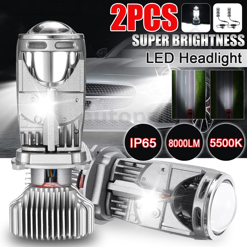 H4 Mini LED Projector Headlight Lens Headlamp Retrofit 8000LM 5500K