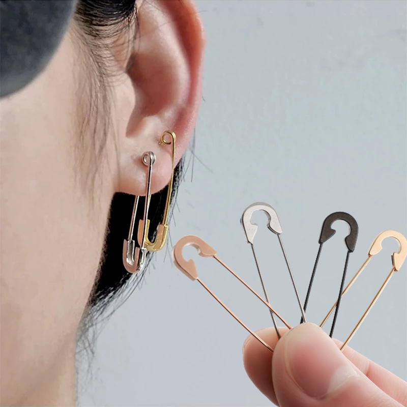 1PC Creative Unisex Punk Rock Style Safety Pin Ear Hook Stud Earrings Stainless Steel Pin