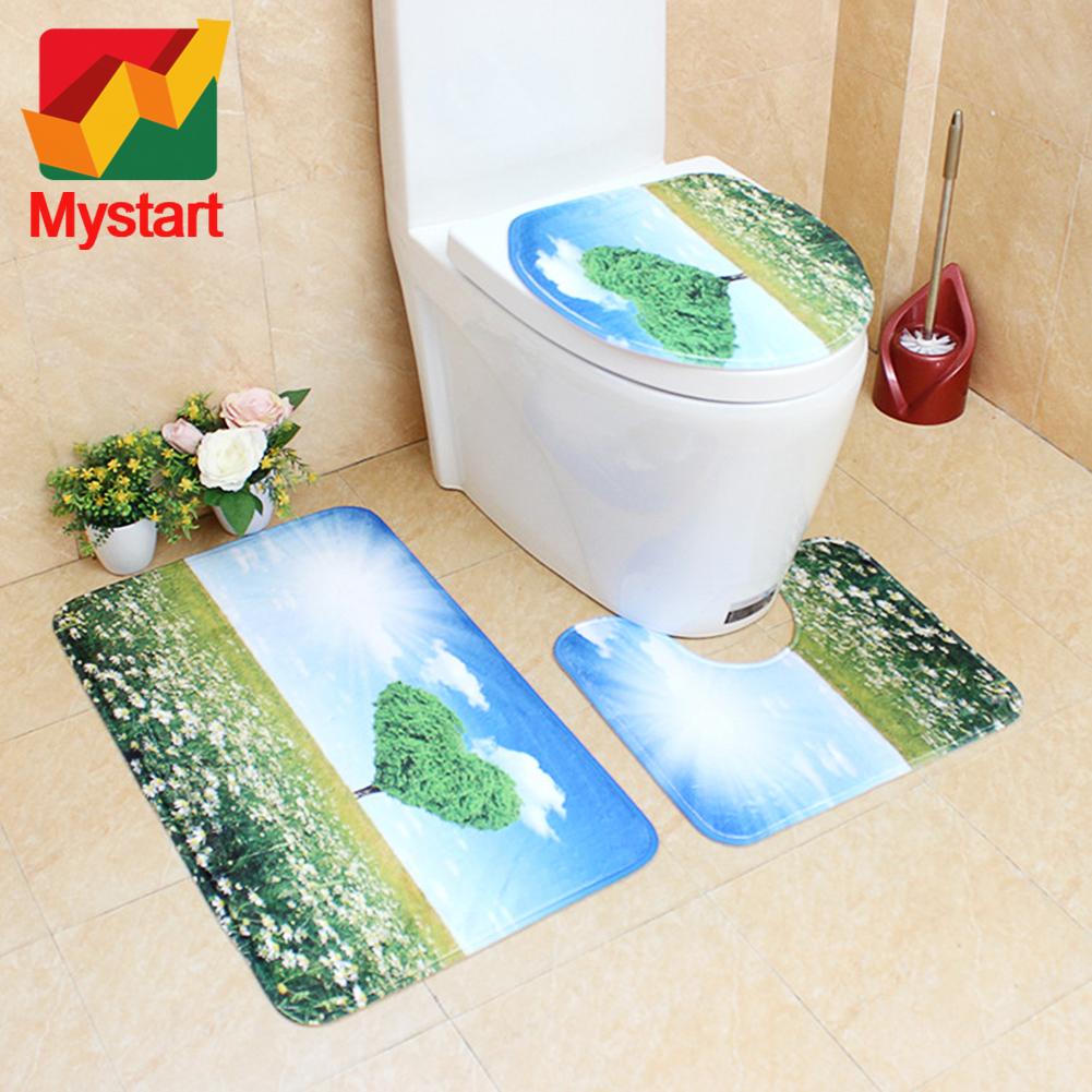 3pcs Nature View Bathroom Mat Set Anti Slip Washable Toilet Cover Floor Bath Mats Bathroom Rugs