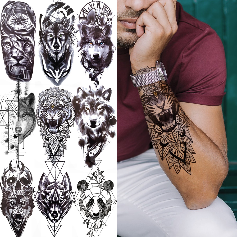 Tiger Black Tribal Totem Temporary Tattoo For Men Women Kids Fake Wolf Panda Lion Death Skull Tattoo Sticker Geometric Arm Tatos Shopee Philippines