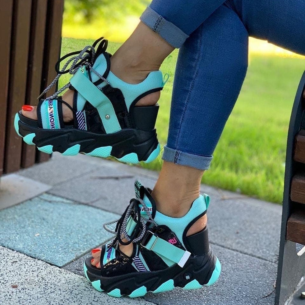 Doratasia Leisure Lady Platform Chunky Sandals Mixed Color Lace Up Buckle Punk Sandals Women Open Shopee Philippines