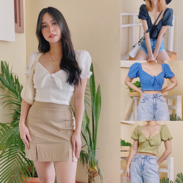 Shop Holly • Lucy • Puff Sleeve with Bow Ribbon Crop top | Shopee ...