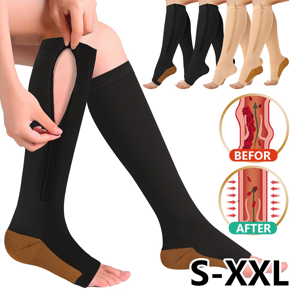 Zipper Compression Socks Zipper Toe Socks Calf High Women Men Varicose