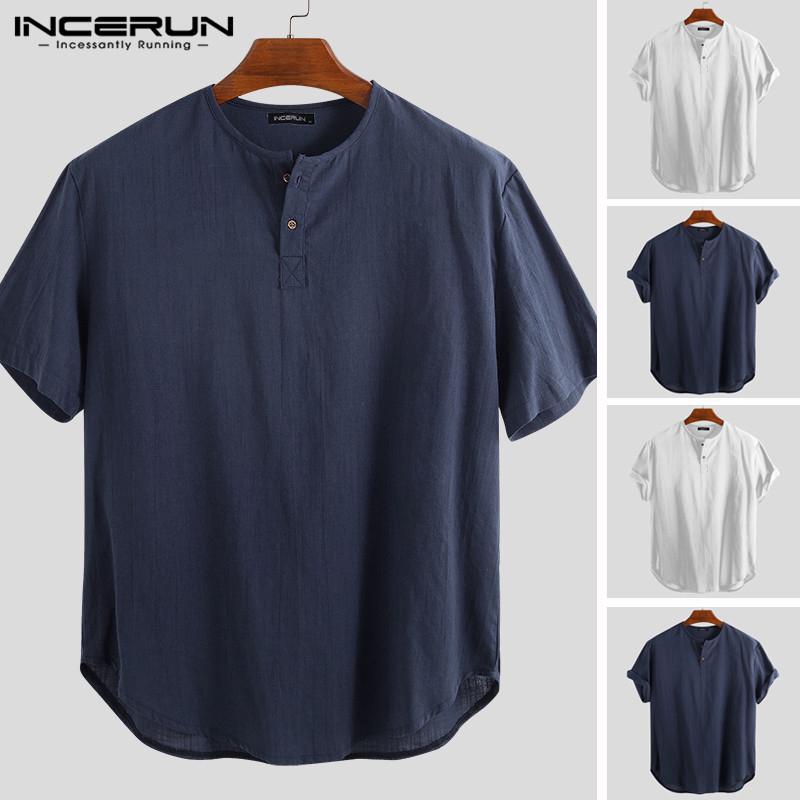 INCERUN Men V-Neck Short Sleeve Linen Shirt | Shopee Philippines