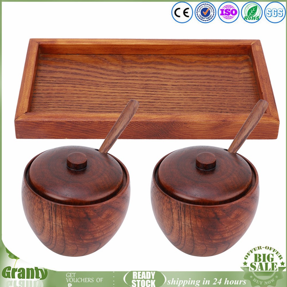 2pcs Wood Seasoning Storage Box Set Salt Condiment Spice