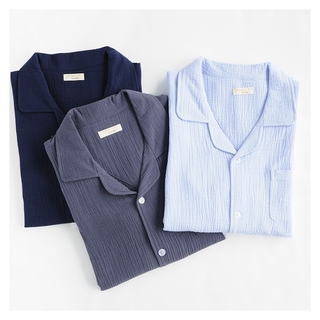 Ready Stock pure cotton men's pajamas spring and summer thin long-sleeved cotton gauze lapel cardiga
