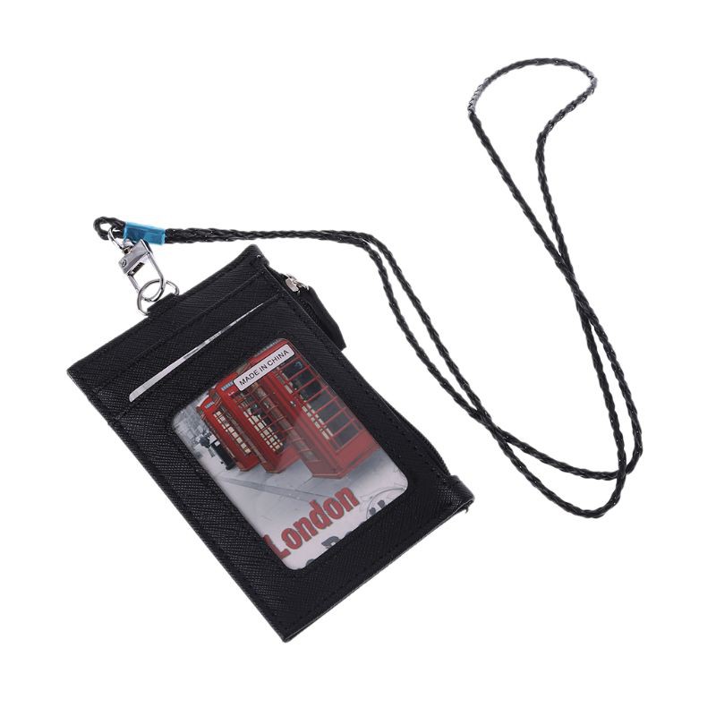 Business PU Leather ID Badge Card Holder Zipper Card Case With Neck Strap
