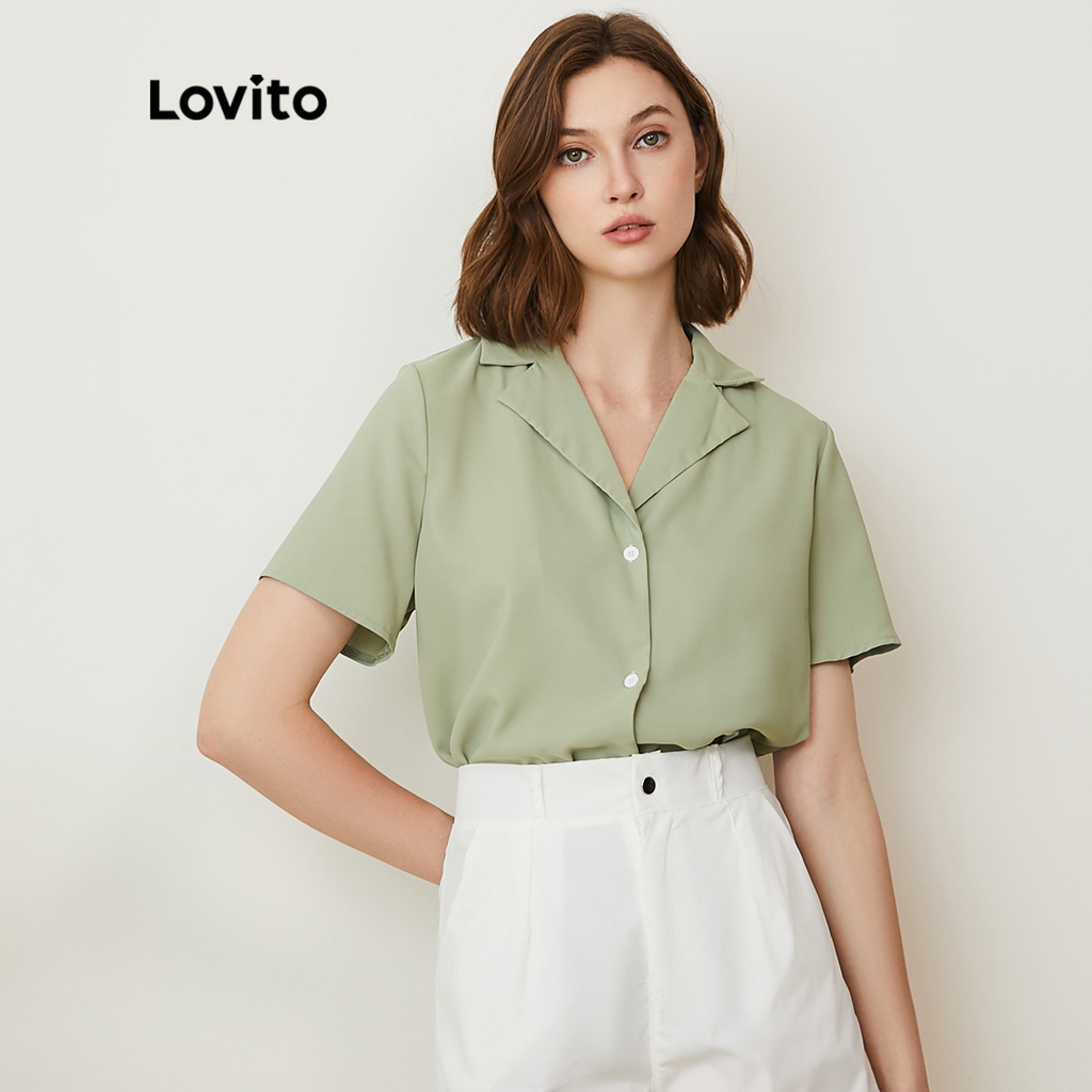 Lovito Casual Plain Notched Collar Short Sleeves Blouses For Women ...