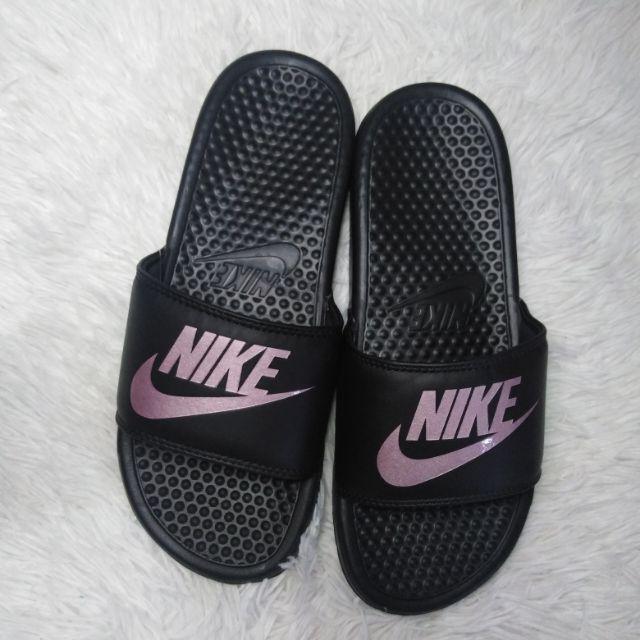rose gold and black nike slides