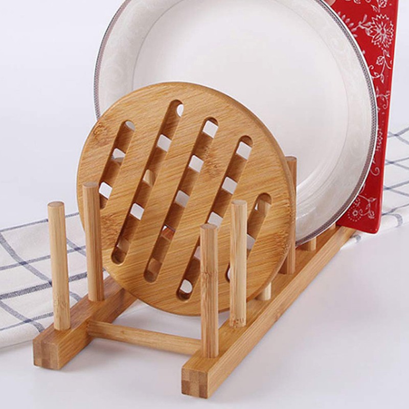 3 Pack Bamboo Wooden Dish Plate Rack Stand Pot Lid Holder