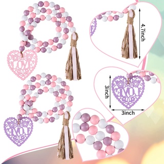 2 Pieces Valentine's Day Heart Wooden Beads Hanging Garland Farmhouse Beads Prayer Bead for Tiered Tray Decor #6