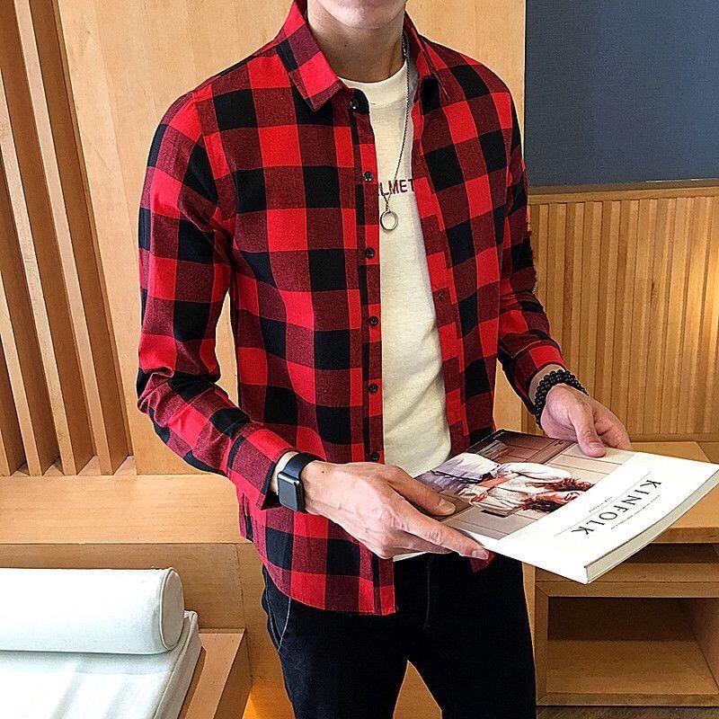 New Unisex Long Sleeve Shirt Plaid Shirt Loose Casual Student Top #5