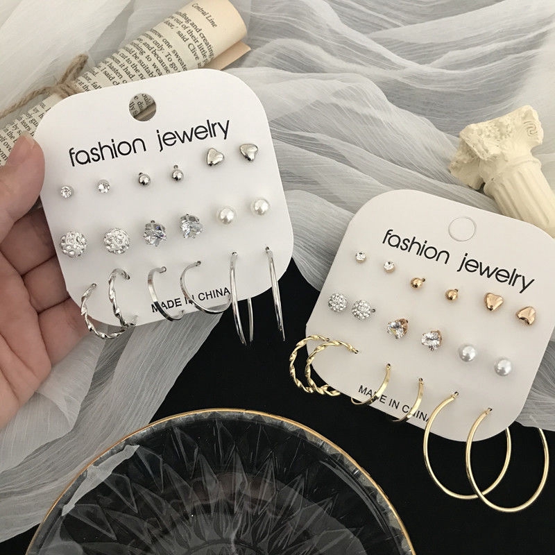 Set Earrings Creative Retro Simple Inlaid Diamond Exaggerated Earrings